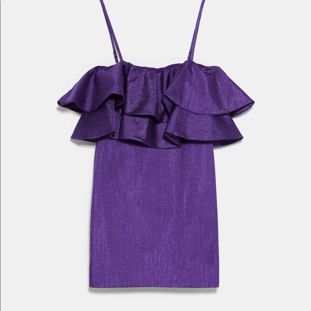 Zara Purple Ruffled Dress With Metallic Thread - Picture 8 of 8